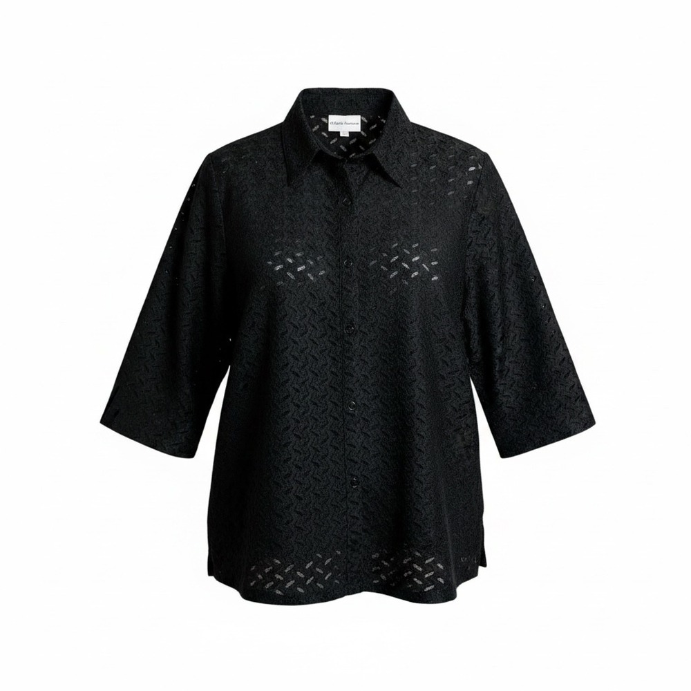 Alfred Dunner Womens Black Eyelet Lace Button Down Shirt 3/4 Sleeve Size 16